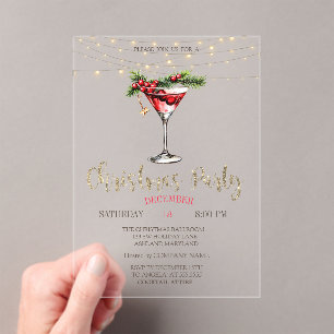 Invitaciones Acrílicas Elegante Cóctel,Luces Doradas de Navidad