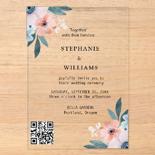 Invitaciones Acrílicas Elegante código Qr    Boda floral azul polvoriento