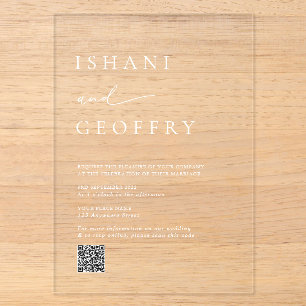 Invitaciones Acrílicas Elegante Código QR de Boda Minimalista Transparent