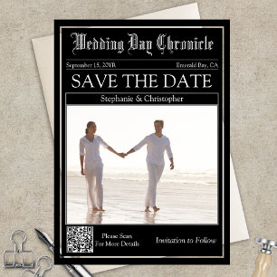 Invitaciones Acrílicas Elegante código QR de periódico de boda Guardar la