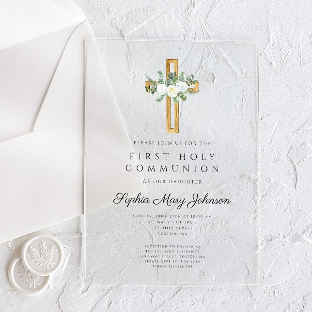 Invitaciones Acrílicas Elegante Comunión de pueblos florales Chica (Elegant Floral Peonies Girl First Communion Acrylic Invitations)