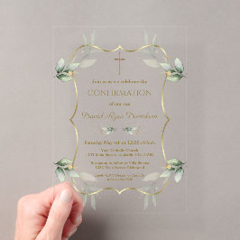Invitaciones Acrílicas Elegante Confirmación Cruz Dorada Verde Aéreo 