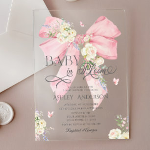 Invitaciones Acrílicas Elegante Coqueta Rosa Floral Cumpleaños de Bebé