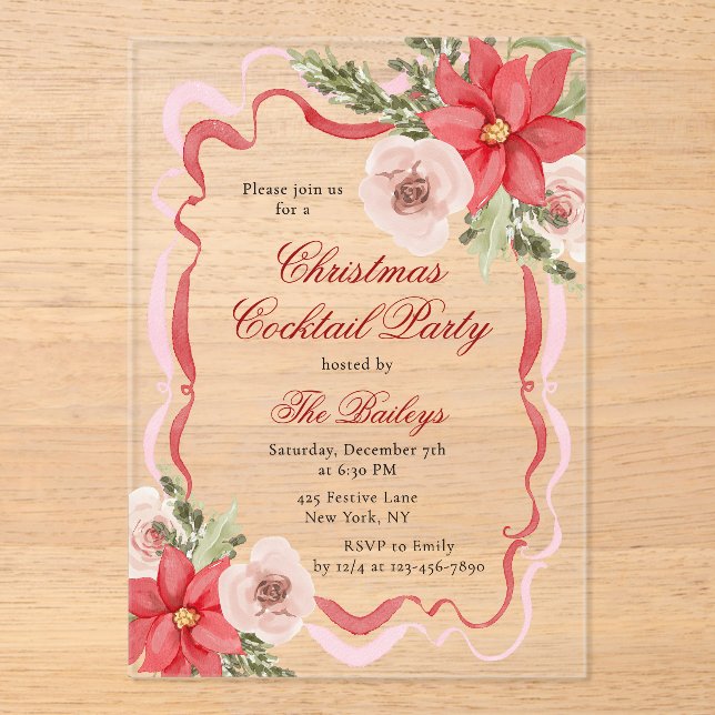 Invitaciones Acrílicas Elegante Coquette Floral Navidades Fiesta de cócte (Anverso)