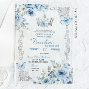Invitaciones Acrílicas Elegante Corona Azul Bebé Quinceañera