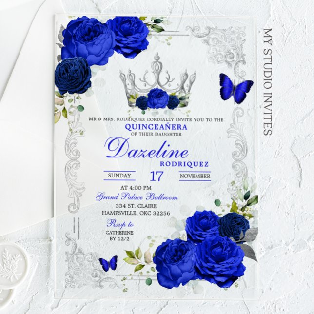 Invitaciones Acrílicas Elegante Corona Azul Real Quinceanera (Subido por el creador)