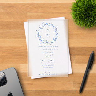 Invitaciones Acrílicas Elegante Corona de Laurel Floral Azul Monograma de