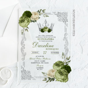 Invitaciones Acrílicas Elegante Corona de Marfil y Verde Salvia Quinceane