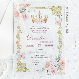Invitaciones Acrílicas Elegante Corona de Oro Rosa Quinceanera