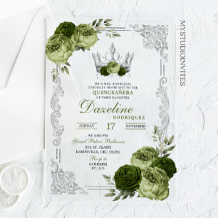Invitaciones Acrílicas Elegante Corona de Plata Verde Salvia Quinceanera