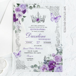 Invitaciones Acrílicas Elegante Corona de Quinceañera Lila Púrpura