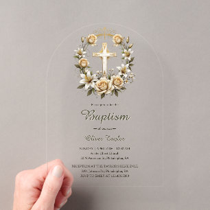 Invitaciones Acrílicas Elegante Corona Floral de Cruz Clásica Bautizo 