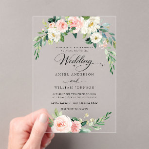 Invitaciones Acrílicas Elegante Corona Floral de Marfil y Rubor para Boda