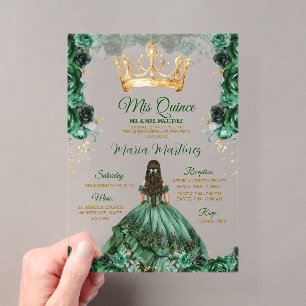 Invitaciones Acrílicas Elegante Corona Floral Verde Esmeralda Dorada Mis