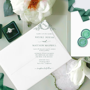 Invitaciones Acrílicas Elegante Corona Real Verde Guirnalda Monograma