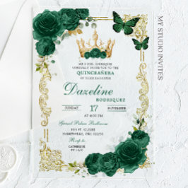 Invitaciones Acrílicas Elegante Corona Verde Esmeralda Quinceanera