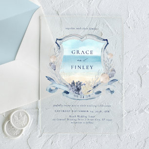 Invitaciones Acrílicas Elegante Cresta de Boda de Playa con Acuarela