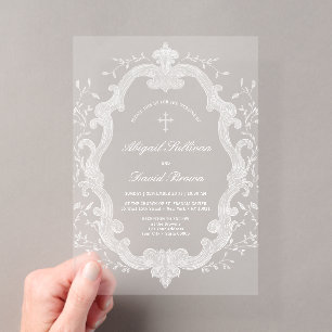 Invitaciones Acrílicas Elegante Cresta de Follaje Blanco Boda Religiosa