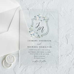 Invitaciones Acrílicas Elegante cresta floral azul polvoriento para boda