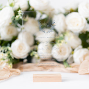 Invitaciones Acrílicas Elegante cresta floral de monograma de boda azul p