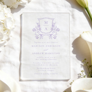 Invitaciones Acrílicas Elegante Cresta Floral Púrpura Monograma Boda