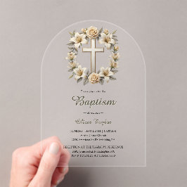 Invitaciones Acrílicas Elegante Cruz Floral Género Bautismo Neutral