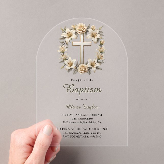 Invitaciones Acrílicas Elegante Cruz Floral Género Bautismo Neutral (Insitu (portátil))