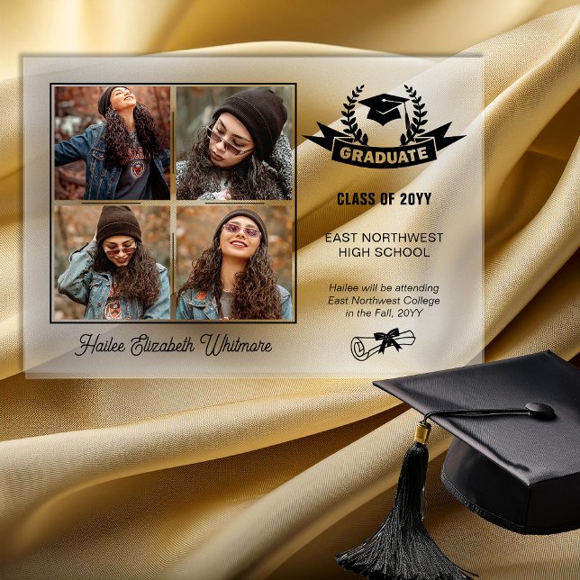 Invitaciones Acrílicas Elegante cuatro fotos negro | Borrar graduación (Elegant Four Photo Black Text on Clear Graduation Acrylic Announcement)