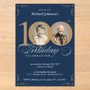 Invitaciones Acrílicas Elegante Cumpleaños 100 Foto Personalizada Dorado