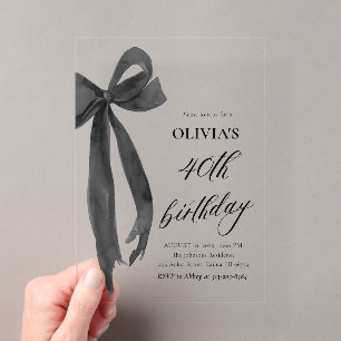 Invitaciones Acrílicas Elegante Cumpleaños 40 con Lazo Negro en Acuarela
