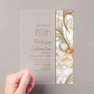 Invitaciones Acrílicas Elegante Cumpleaños 60 Floral Acuarela Marrón