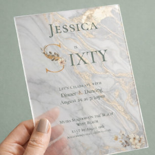 Invitaciones Acrílicas Elegante Cumpleaños 60 Transparente Mármol