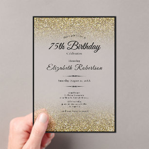 Invitaciones Acrílicas Elegante Cumpleaños 75 Brillante Negro y Dorado 