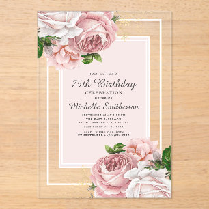 Invitaciones Acrílicas Elegante Cumpleaños 75 Cumpleaños Floral Rosa Blus
