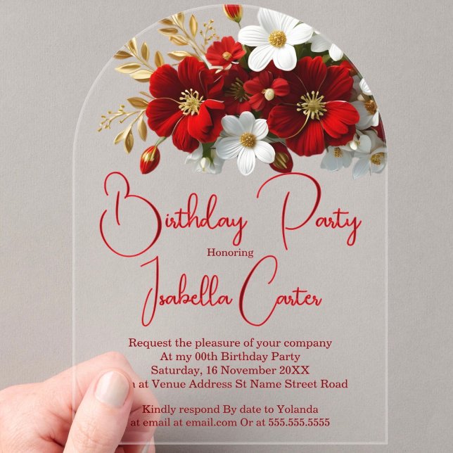 Invitaciones Acrílicas Elegante cumpleaños brillante rojo blanco dorado f (Subido por el creador)
