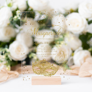 Invitaciones Acrílicas Elegante Cumpleaños de Máscara de Glitter de Oro N