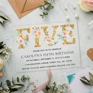Invitaciones Acrílicas Elegante Cumpleaños Floral con Brillo Dorado QUINT