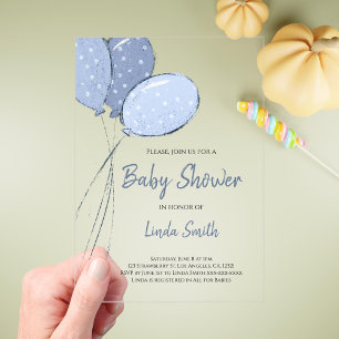 Invitaciones Acrílicas Elegante Cumpleaños Neutral Bebé Globos Azules