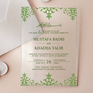 Invitaciones Acrílicas Elegante Damask Verde Boda Islámica