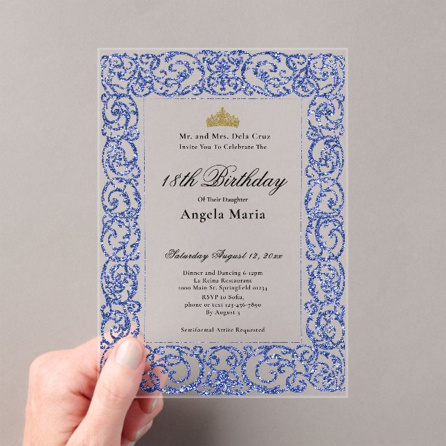 Invitaciones Acrílicas Elegante Debut de Cumpleaños 18 Azul (Insitu (portátil))