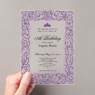 Invitaciones Acrílicas Elegante Debut de Cumpleaños 18 con Borde Púrpura