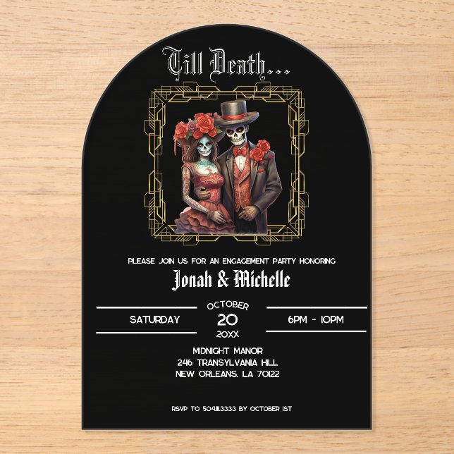 Invitaciones Acrílicas Elegante Día De Los Muertos Partido de compromiso (Anverso)