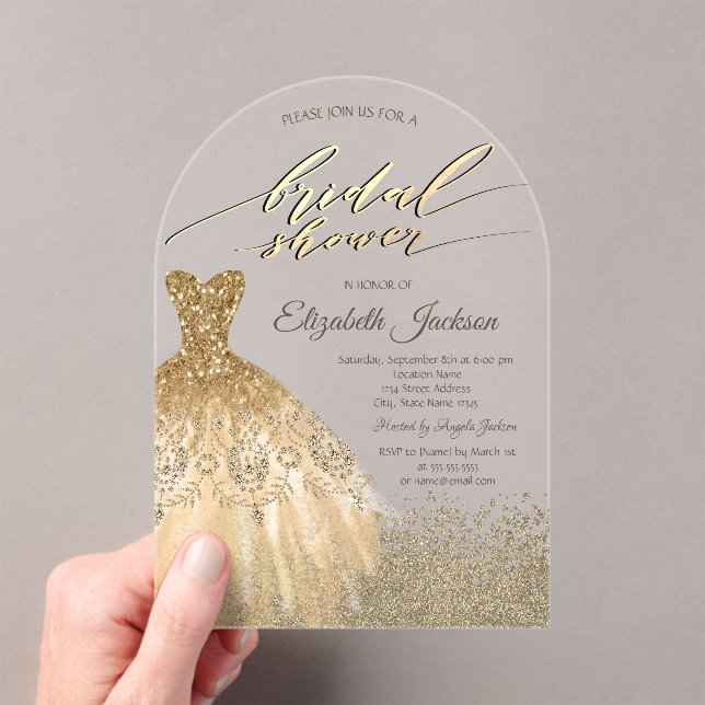 Invitaciones Acrílicas Elegante Diamantes de Oro Vestidos Ducha Bridal (Insitu (portátil))