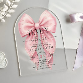 Invitaciones Acrílicas Elegante ducha de bebé con lazo de perla rosa