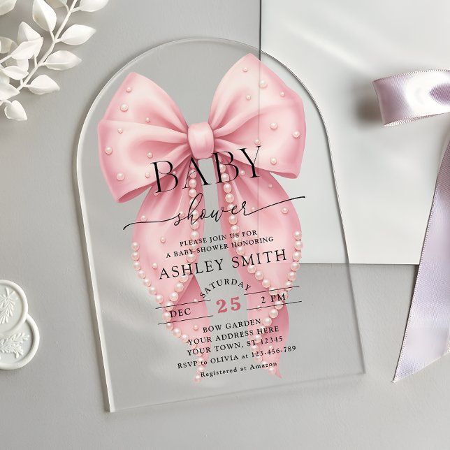 Invitaciones Acrílicas Elegante ducha de bebé con lazo de perla rosa (Subido por el creador)