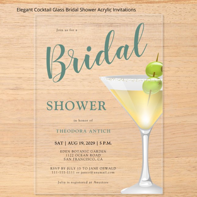 Invitaciones Acrílicas Elegante ducha de novia con cristal de cóctel (Subido por el creador)