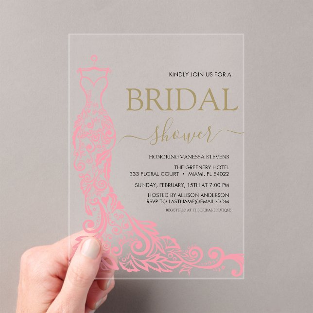 Invitaciones Acrílicas Elegante ducha de novia con traje de Rubor rosa (Insitu (portátil))