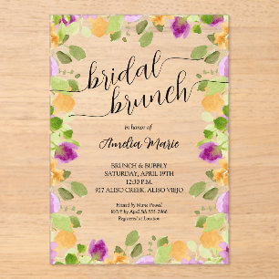 Invitaciones Acrílicas Elegante ducha de novia floral de acuarela púrpura