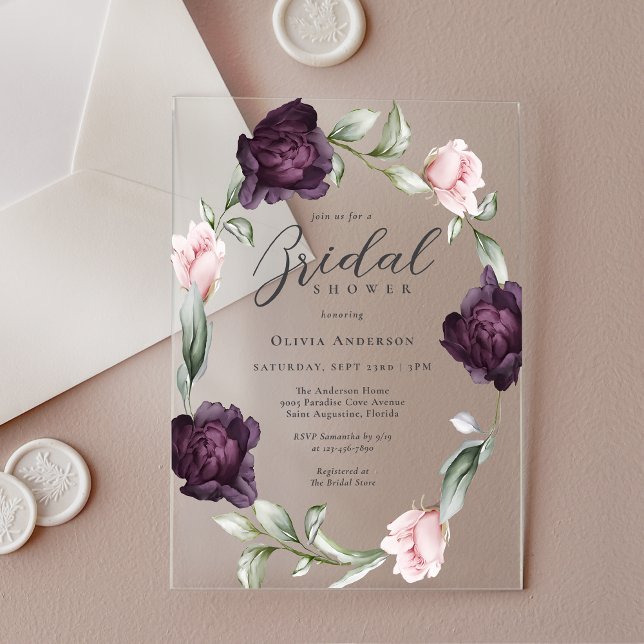 Invitaciones Acrílicas Elegante ducha de novia floral rosa y borgoñona (Subido por el creador)