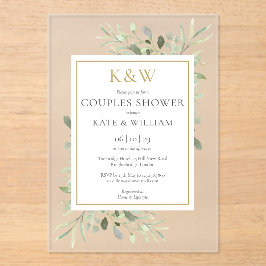 Invitaciones Acrílicas Elegante ducha de parejas con monograma de oro y v